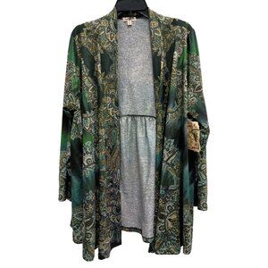 One World Cardigan Womens Size 2X Green Paisley Wearable Art BOHO Open Front